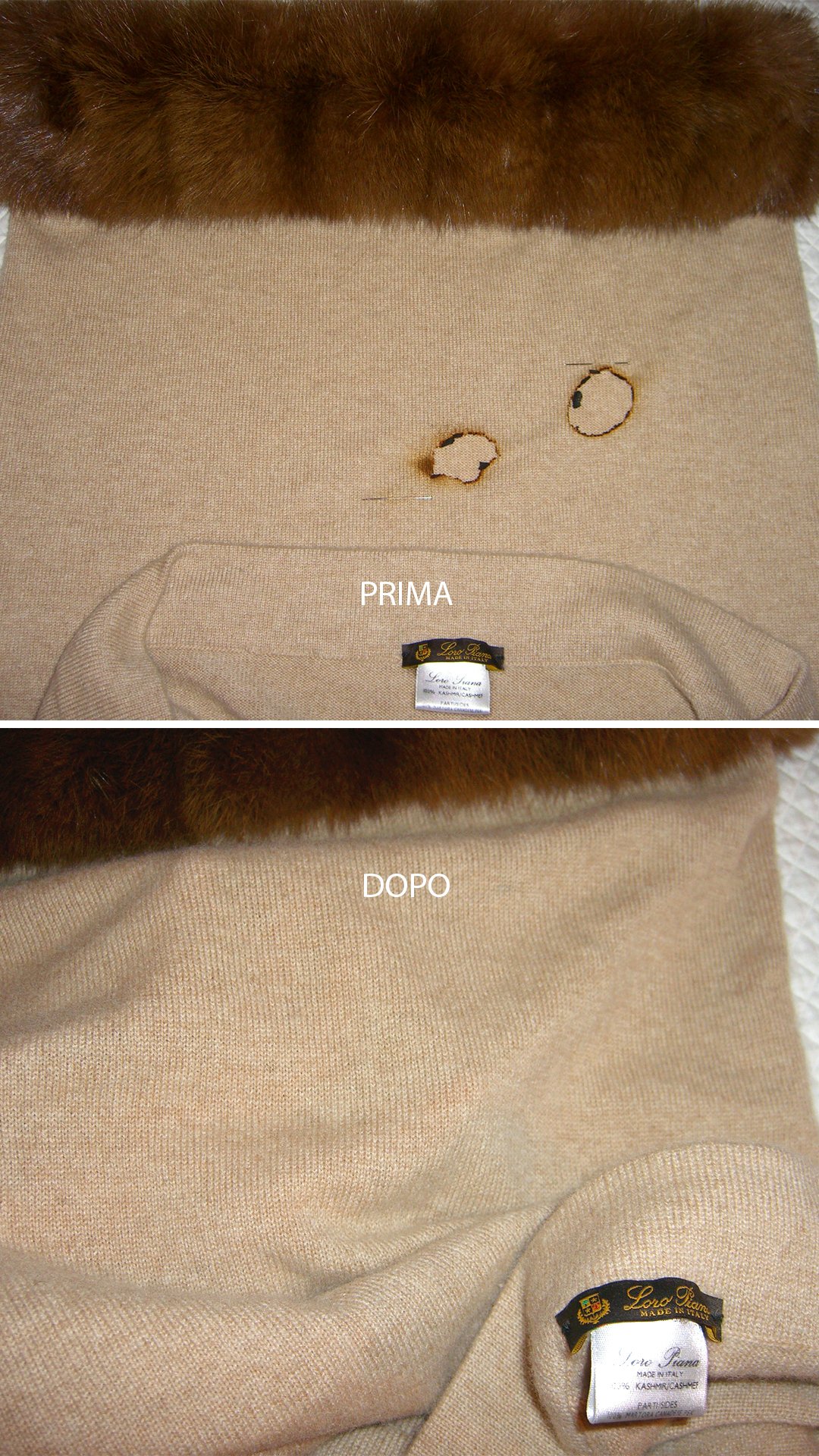 Rammendo invisibile professionale su maglieria in cashmere Loro Piana a Milano