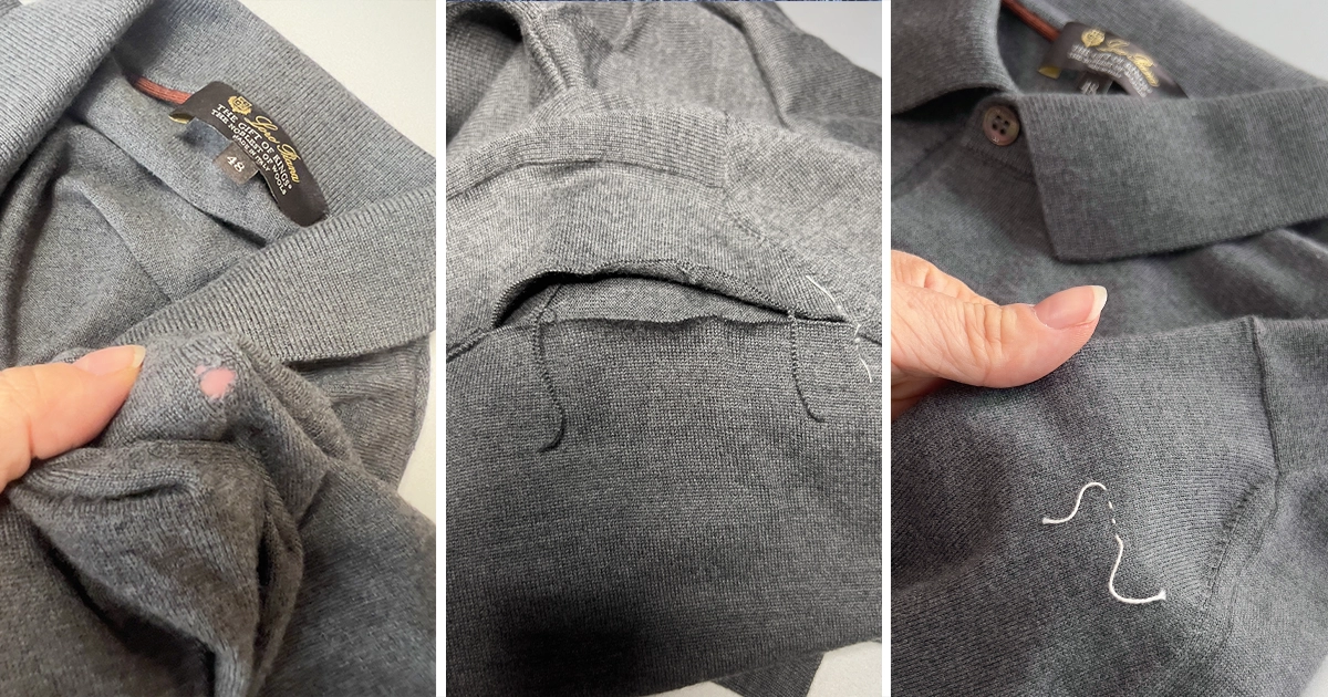 Estrazione manuale del filato originale durante la riparazione di un maglione Loro Piana