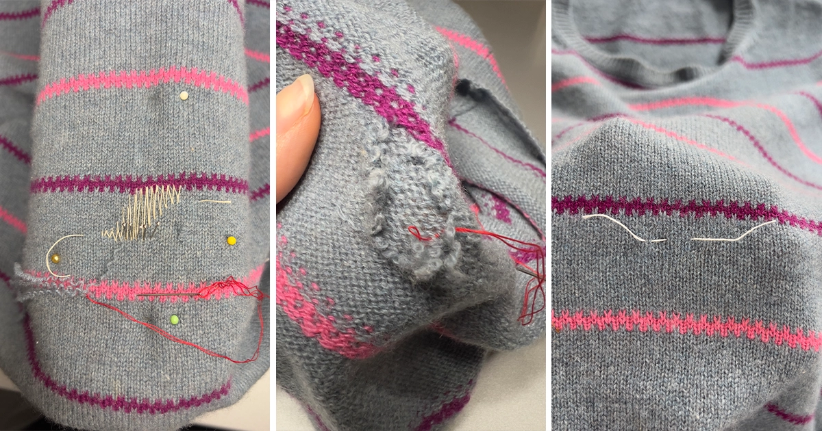 Dettaglio ravvicinato della struttura dei fili intrecciati sul retro di una maglia in cashmere