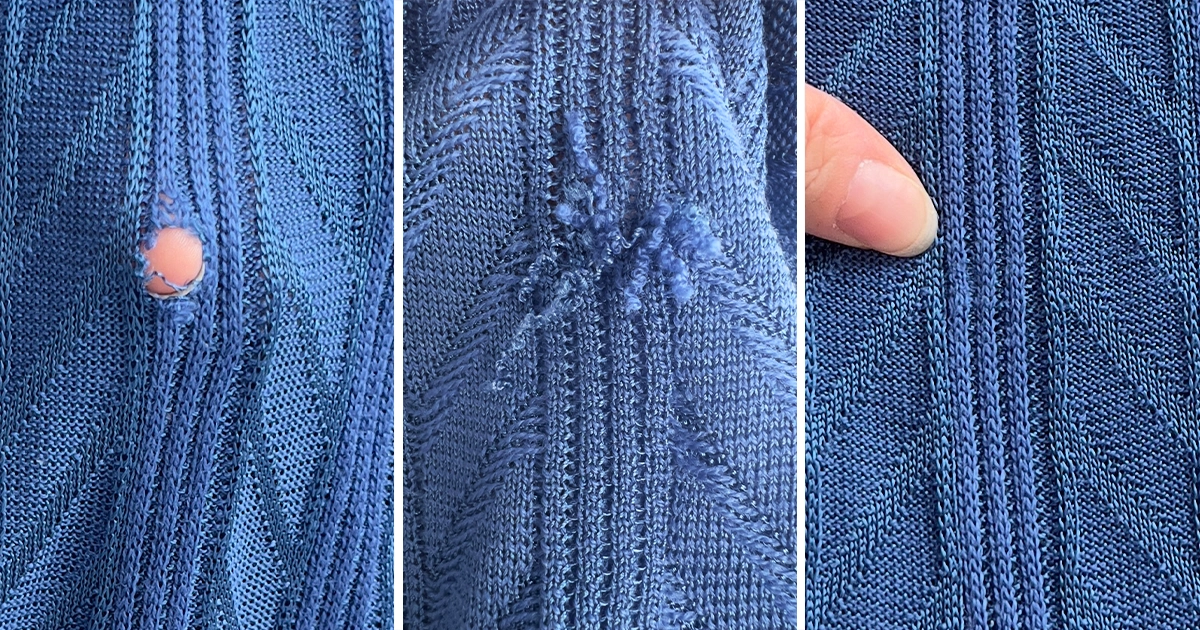 Dettaglio ravvicinato dei fili inseriti nel restauro invisibile di un abito Missoni
