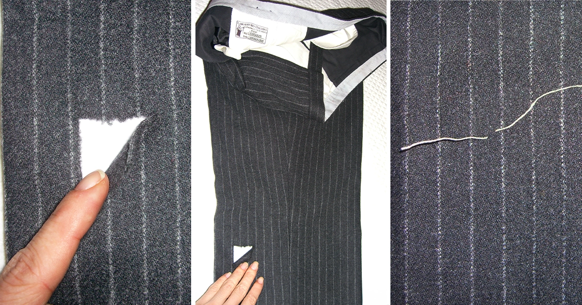 Prima e dopo di ritessitura invisibile su pantalone da uomo di abito gessato