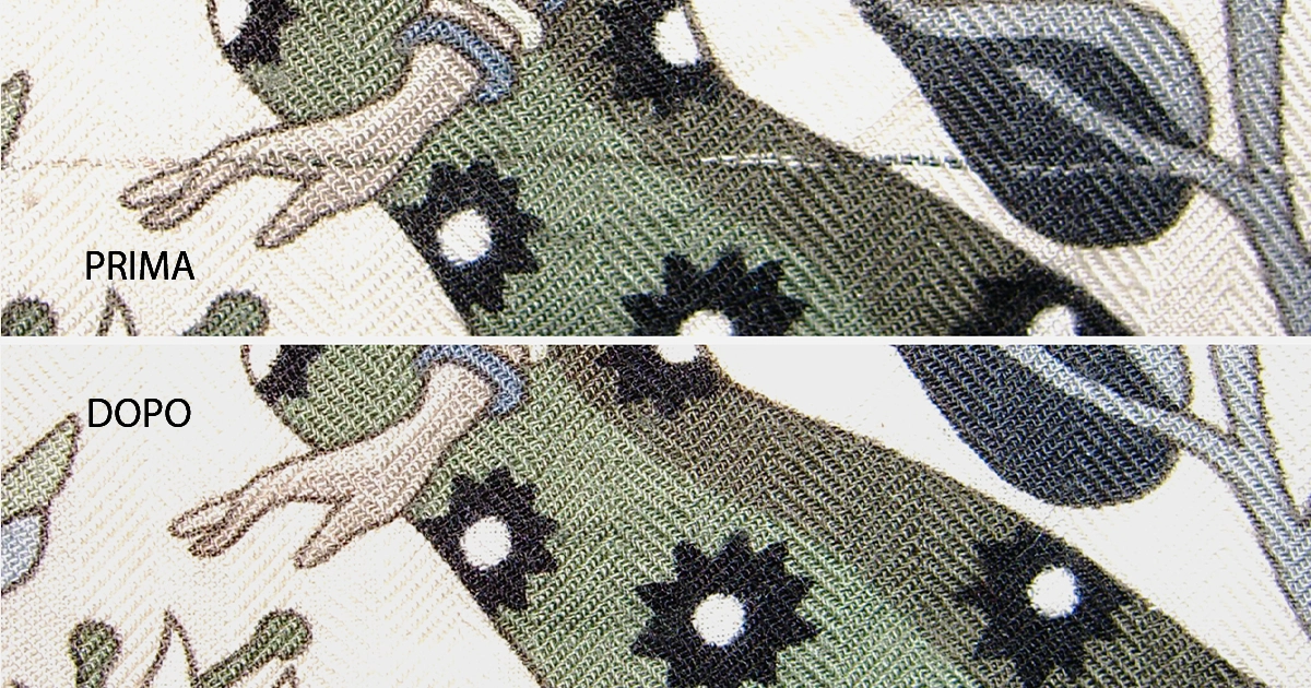 Restauro e riallineamento cromatico a mano su scialle Hermes cashmere e seta