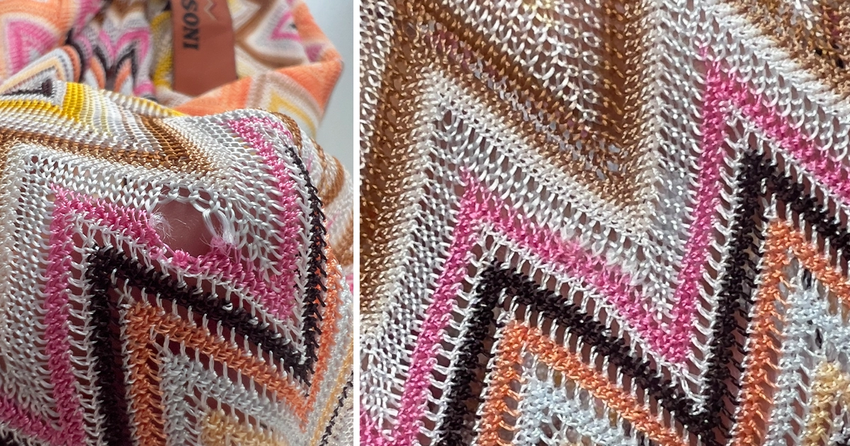 Prima e dopo del restauro invisibile su abito multicolor Missoni zig-zag