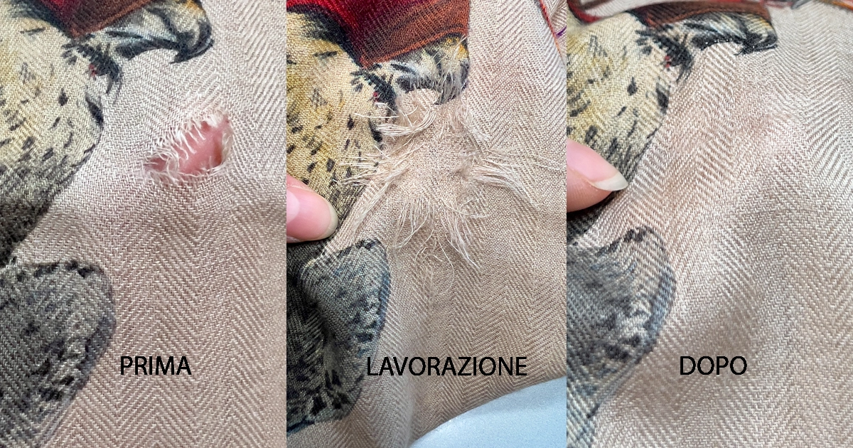 Prima e dopo del rammendo invisibile su scialle Hermès 140 cashmere e seta