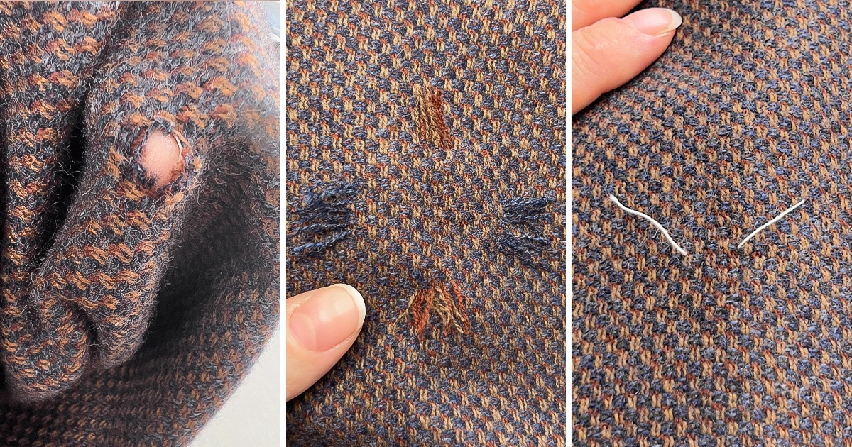 Mani artigiane mostrano trama e ordito di un restauro tessile con tecnica del rammendo invisibile a Milano